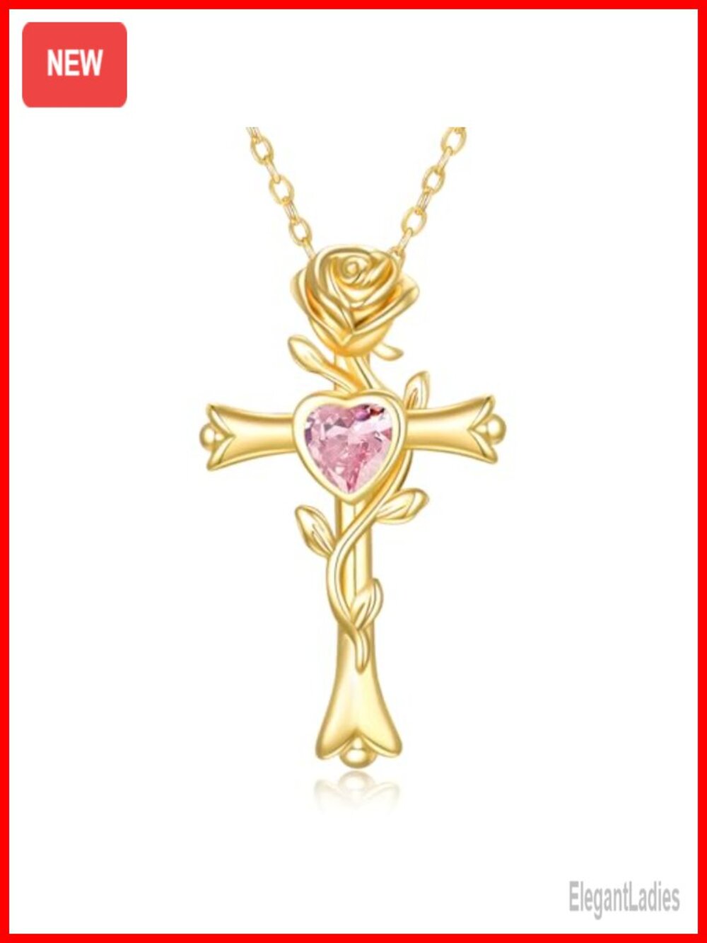 14K Gold Plated Rose Cross Pendant Necklace Cubic Zirconia Birthstone